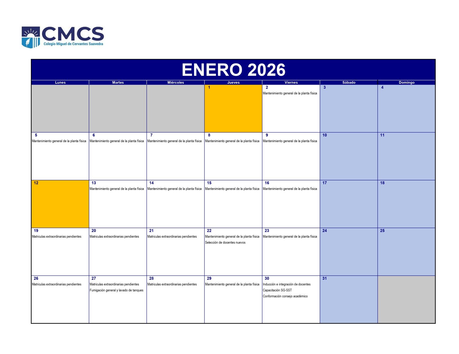 Calendario academico 2026 - Enero