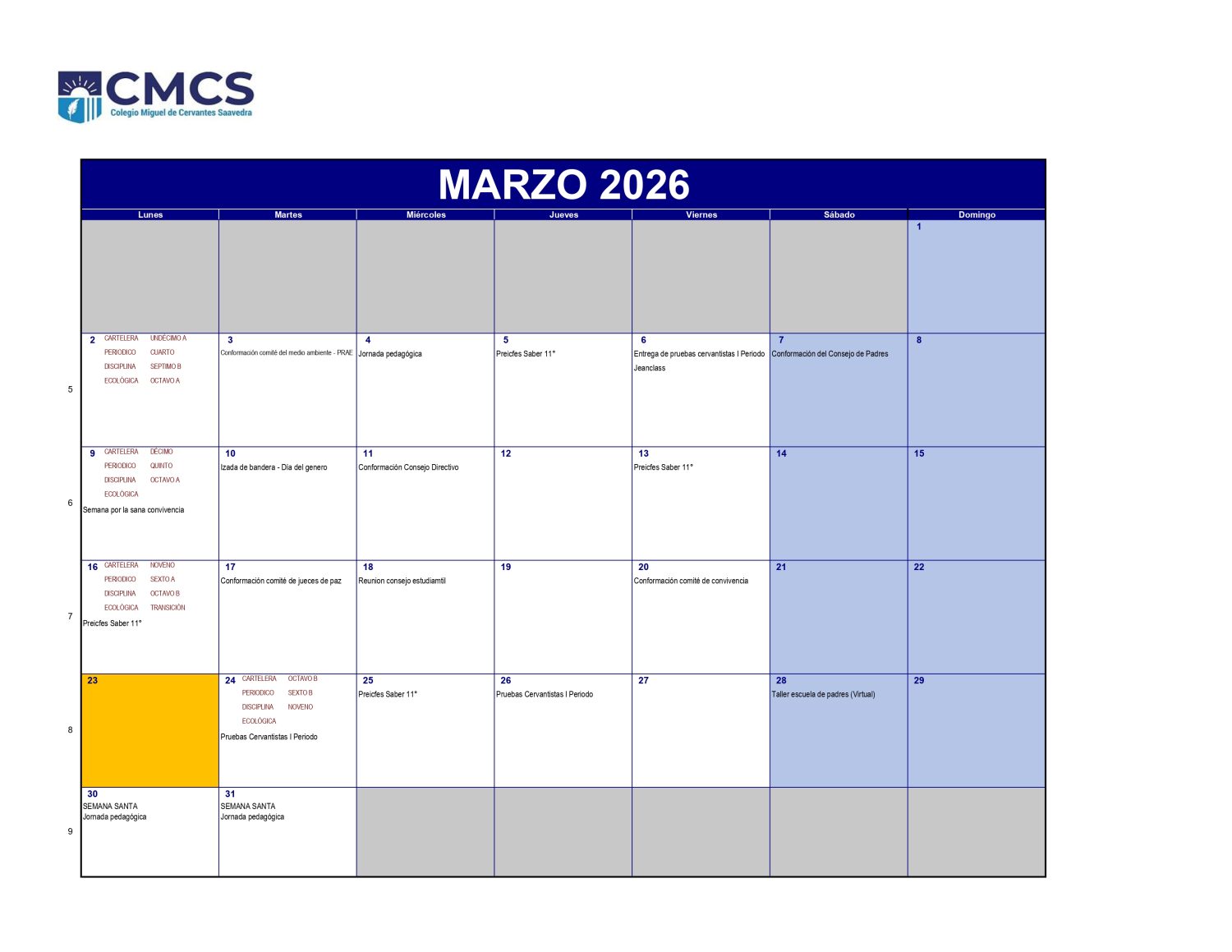 Calendario academico 2026 - Marzo