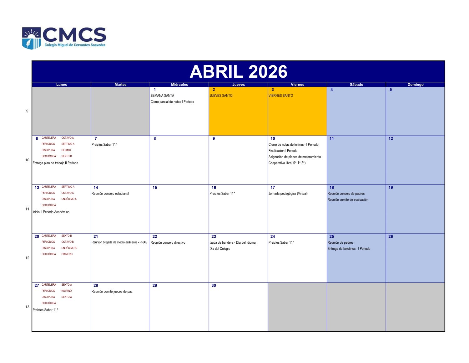 Calendario academico 2026 - Abril