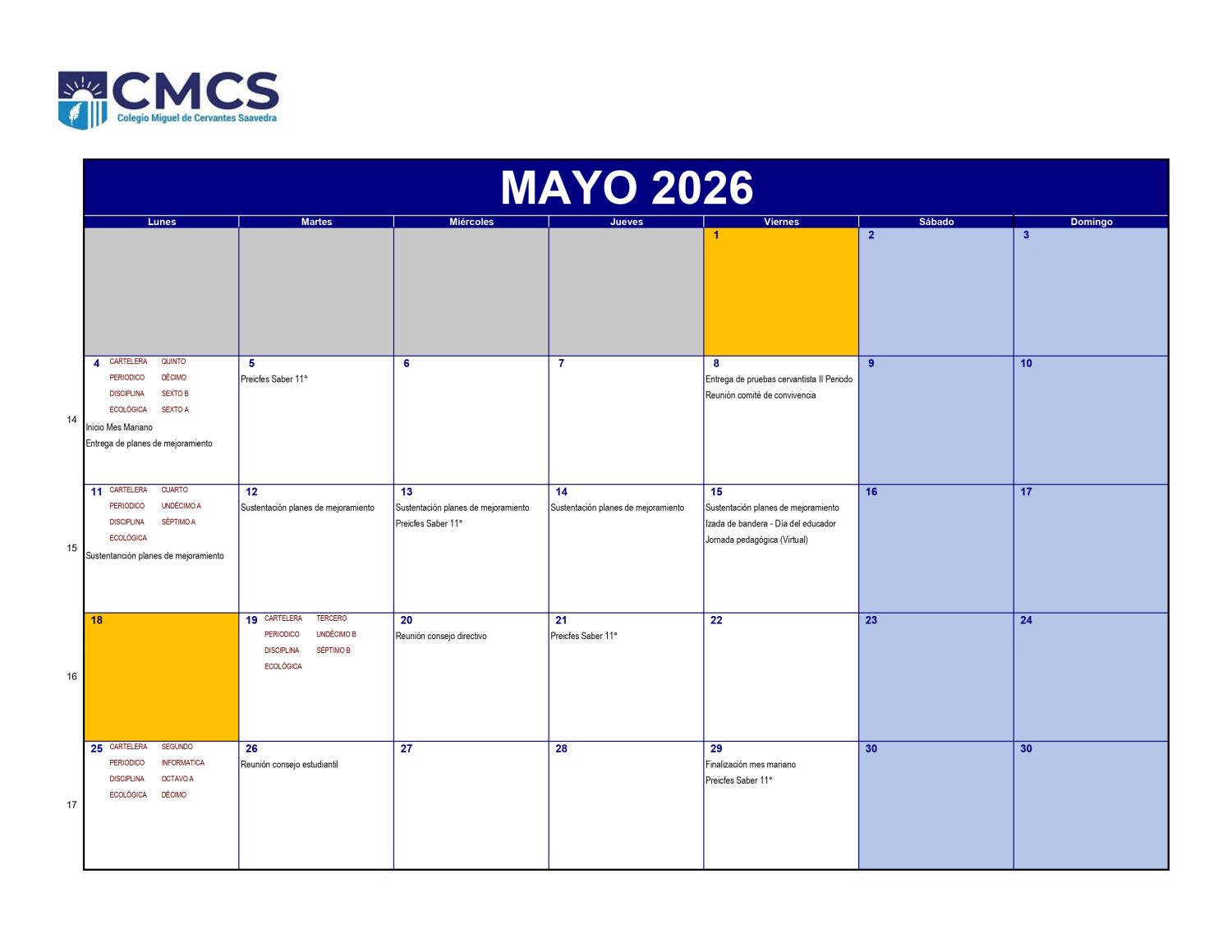 Calendario academico 2026 - Mayo
