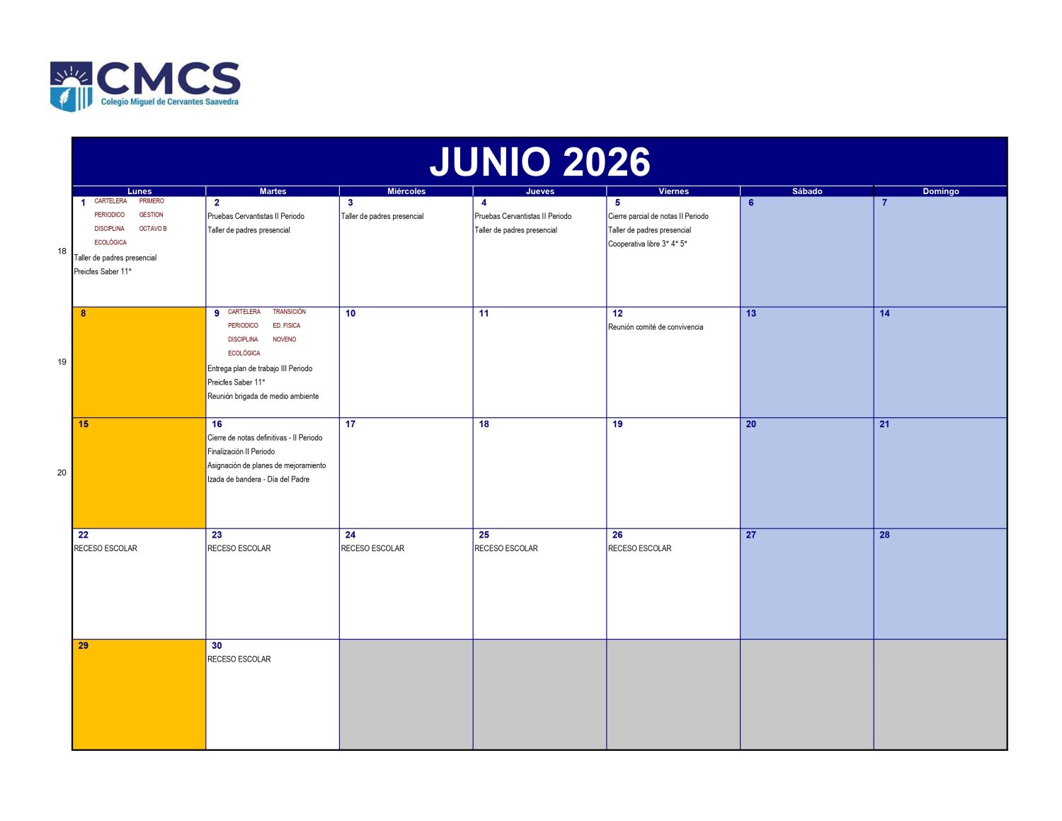Calendario academico 2026 - Junio