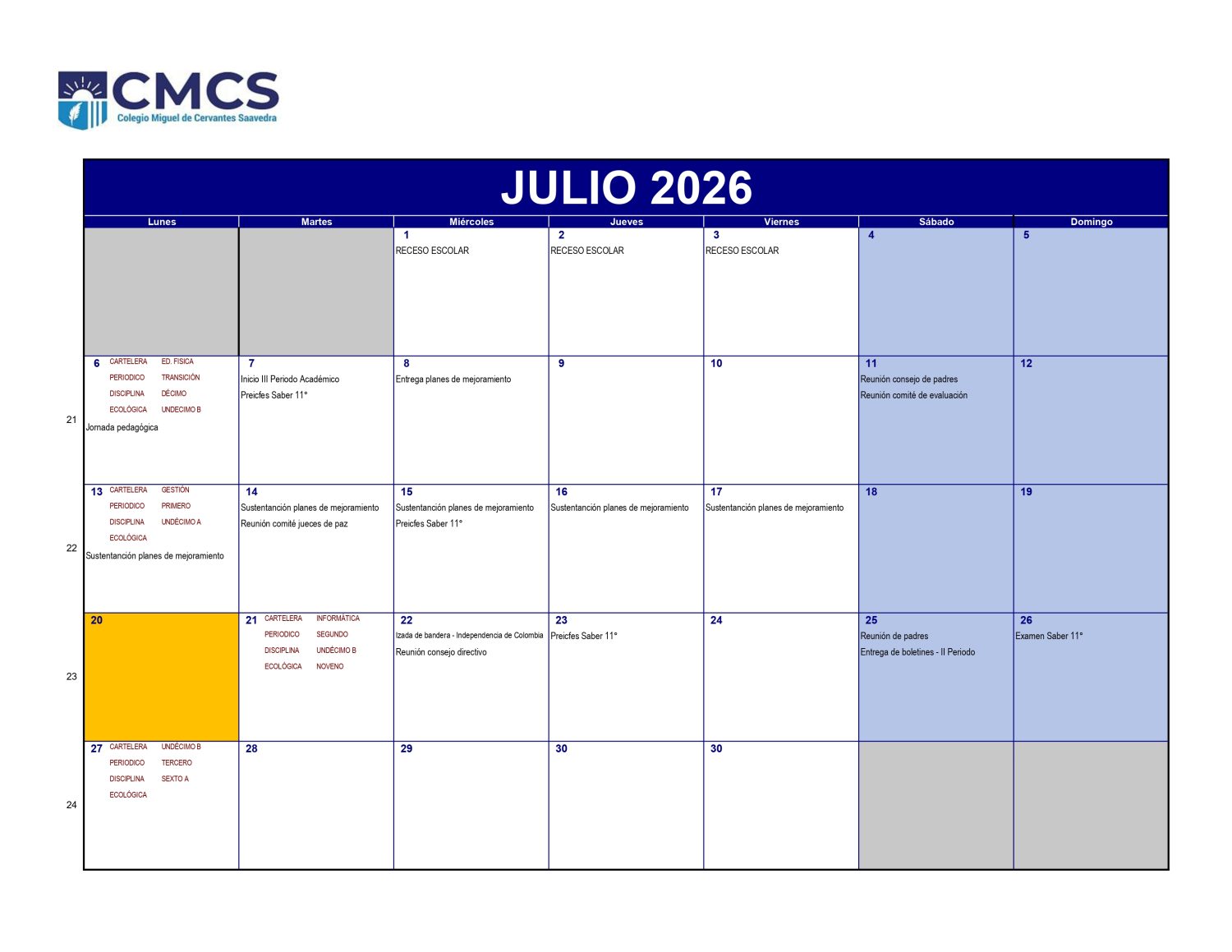 Calendario academico 2026 - Julio