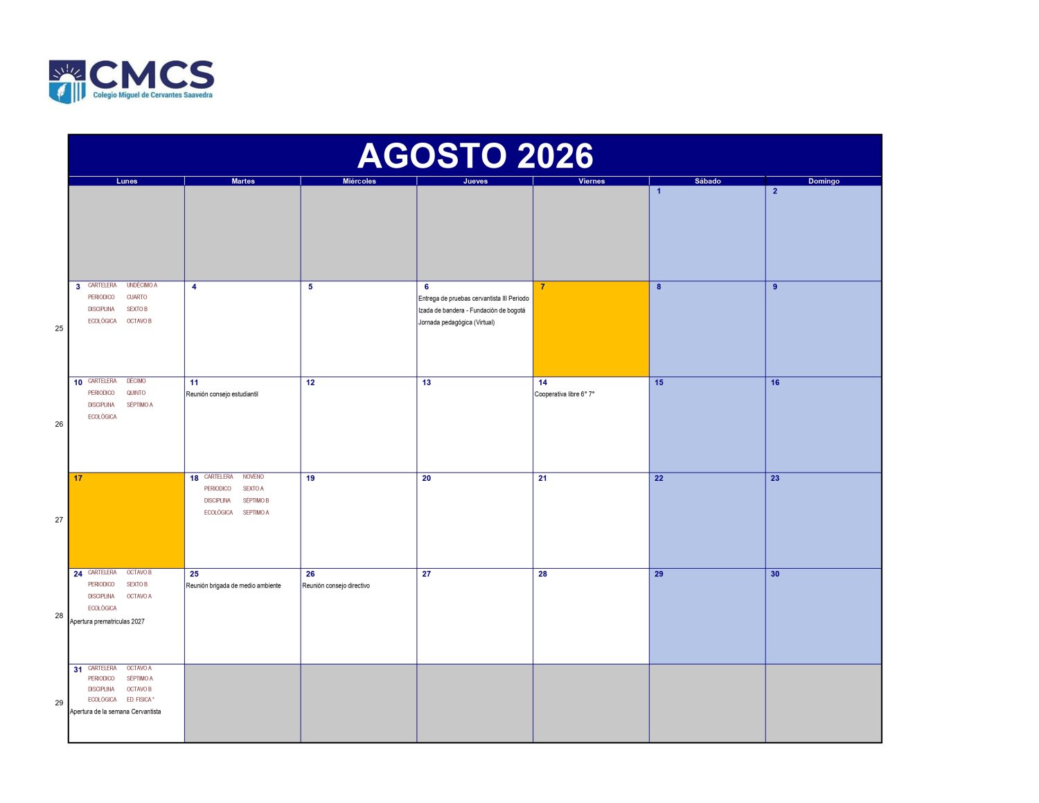 Calendario academico 2026 - Agosto