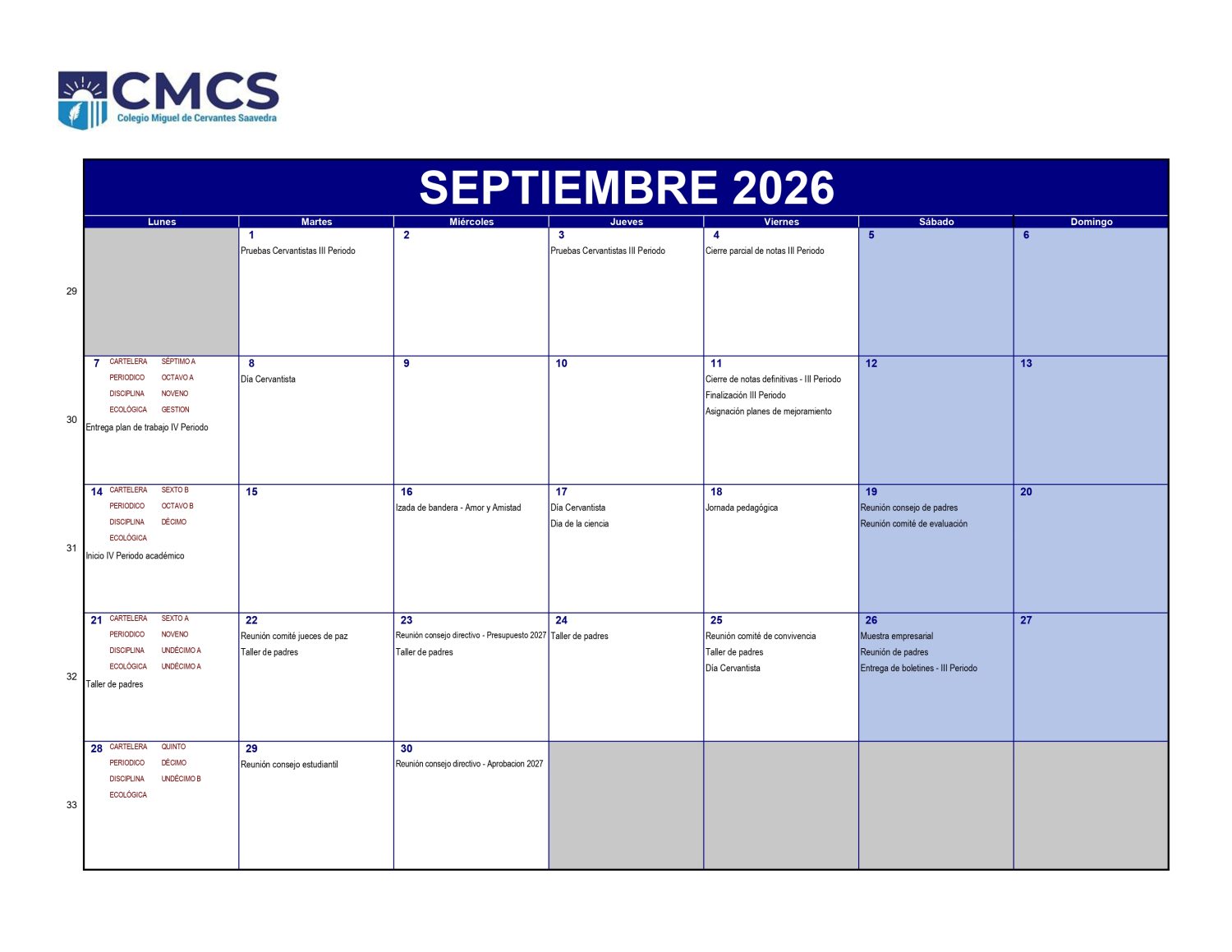 Calendario academico 2026 - Septiembre