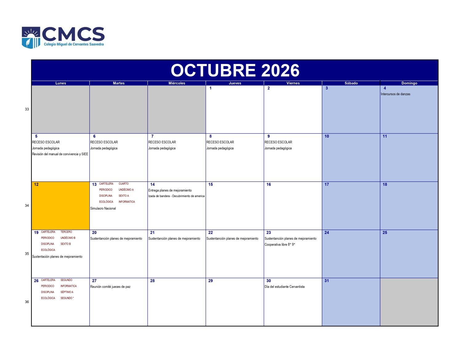 Calendario academico 2026 - Octubre