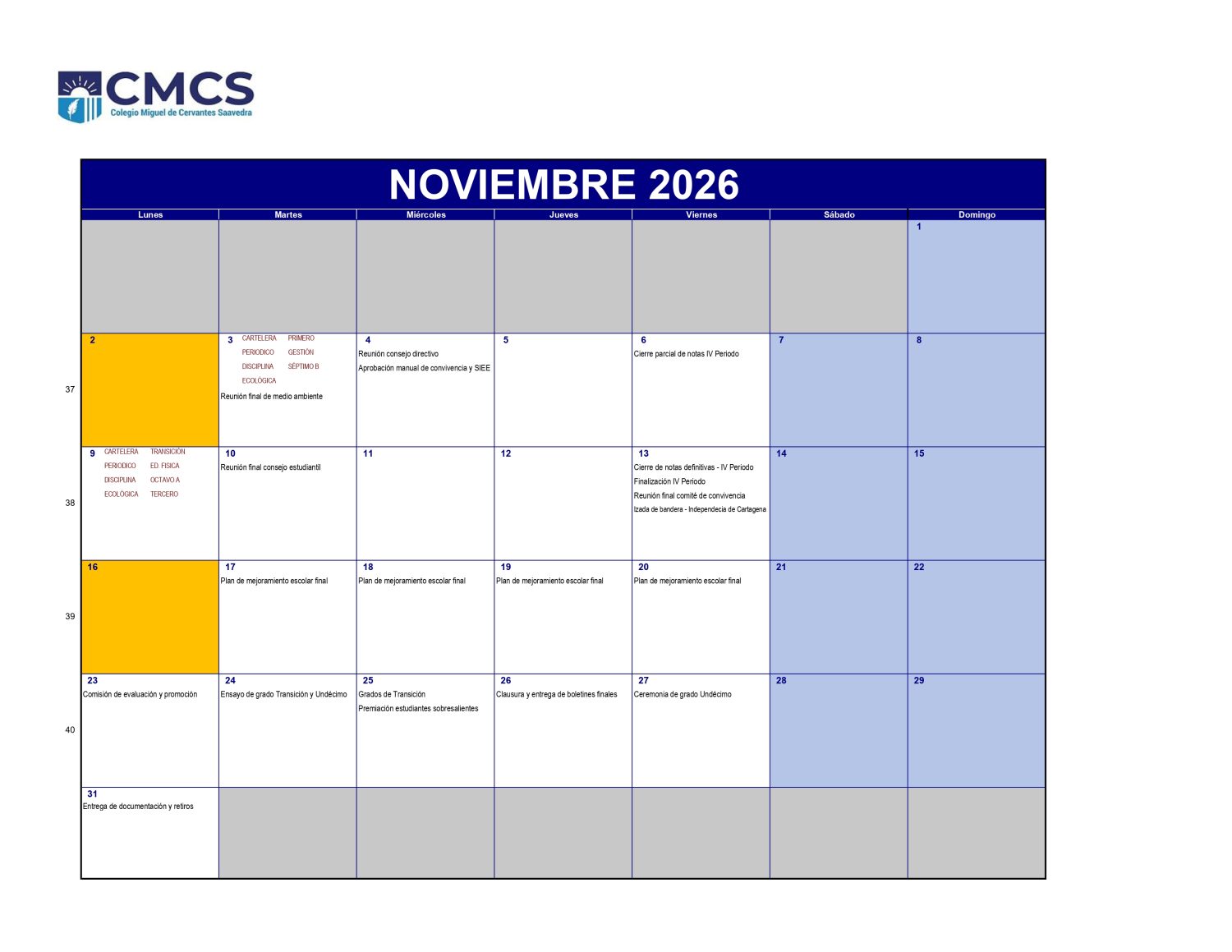 Calendario academico 2026 - Noviembre