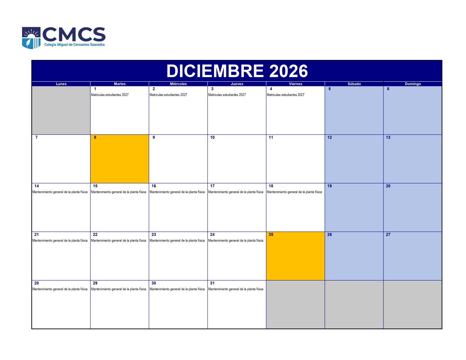 Calendario academico 2026 - Diciembre